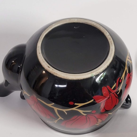 Black Teapot and Cup Set Red Flower Design Asian Missing Handle - Picture 10 of 14
